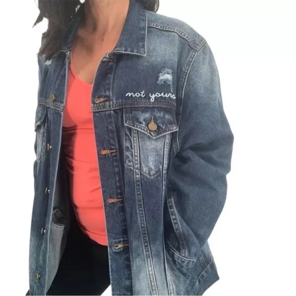 SANDRINE ROSE X FREE PEOPLE Denim Jacket Lartiste Blue Not Yours Embroidered NEW - Picture 2 of 11